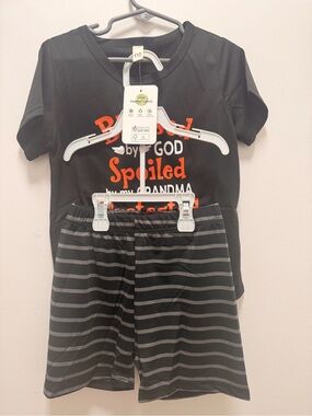 Kids Black Short-Sleeve Pajama Set with Orange Graphic
